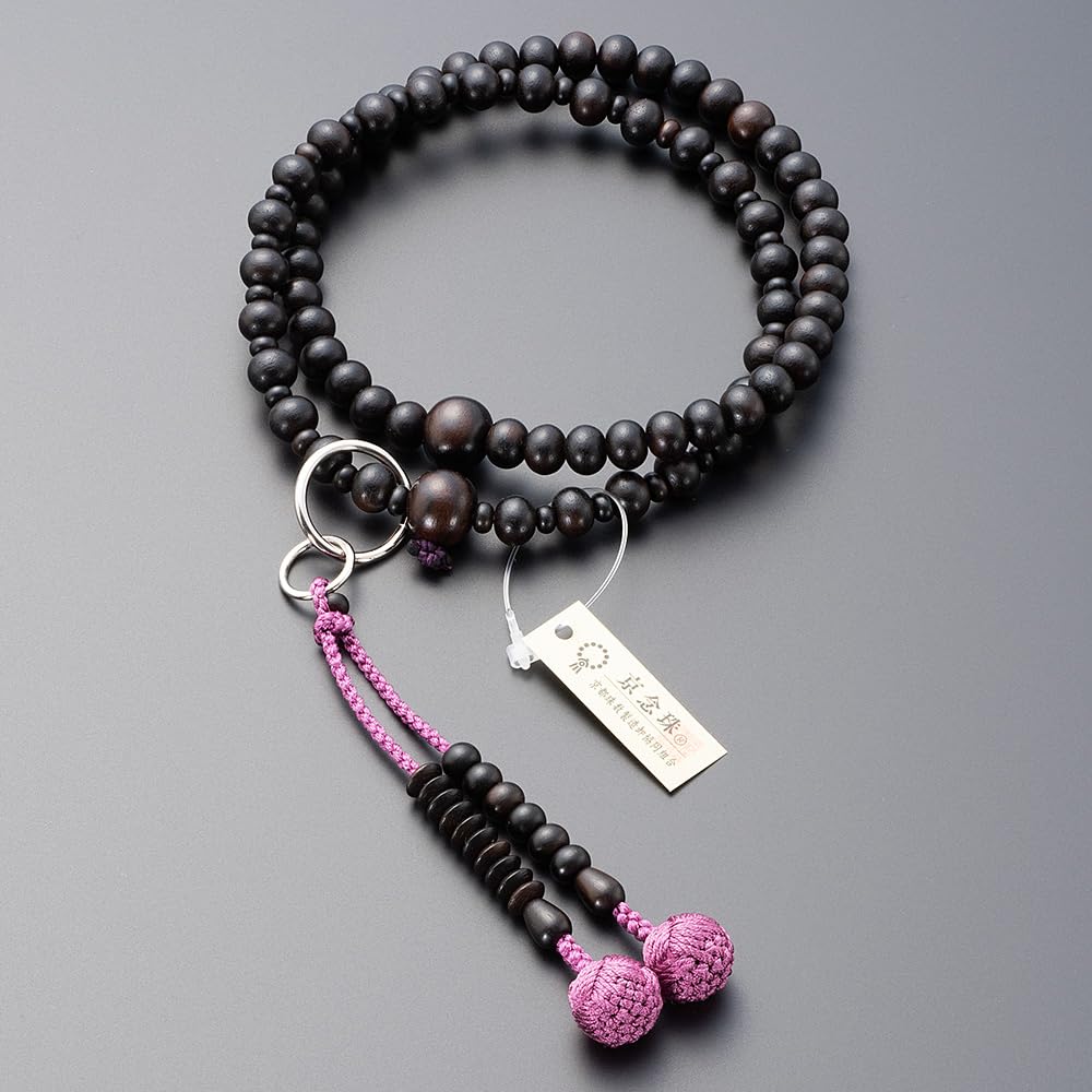 [Takita Shoten Buddhist Altar Shop] Jodo Sect Formal Prayer Beads for Women, Striped Ebony (Matte), 8 inches, with Silk Flower Brahma Tassel,