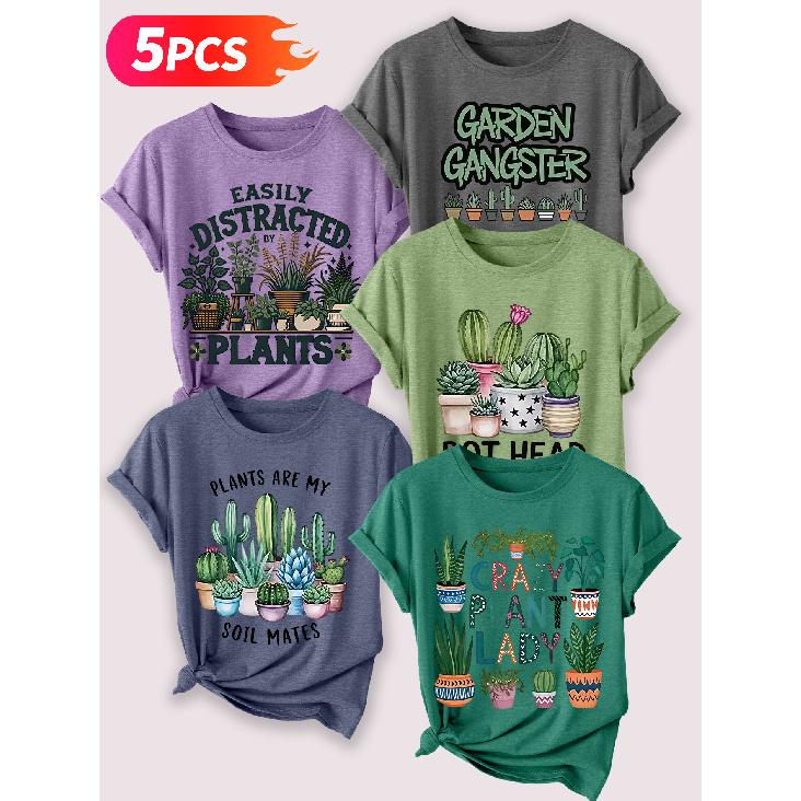 Lele Orientation Five-piece set for women T Shirt Succulent Cactus Green Plant Gardening Vintage Print Spring, Summer, Autumn Casual Elegant Women's