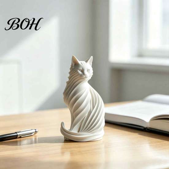 Unique Housewarming Gifts for Cat Lovers 3D Printed Sculpture, Modern Style Matte Statue, Black Sophisticated Birthday Friends And White PLA Ornament