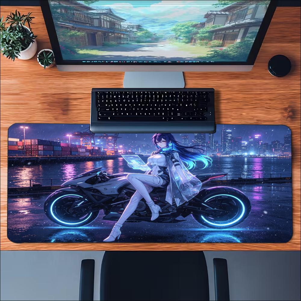 Cyberpunk Biker Anime Girl Large Extended Mouse Pad NonSlip Rubber Desk Mat With Stitched Edges For Gaming Laptop Desktop