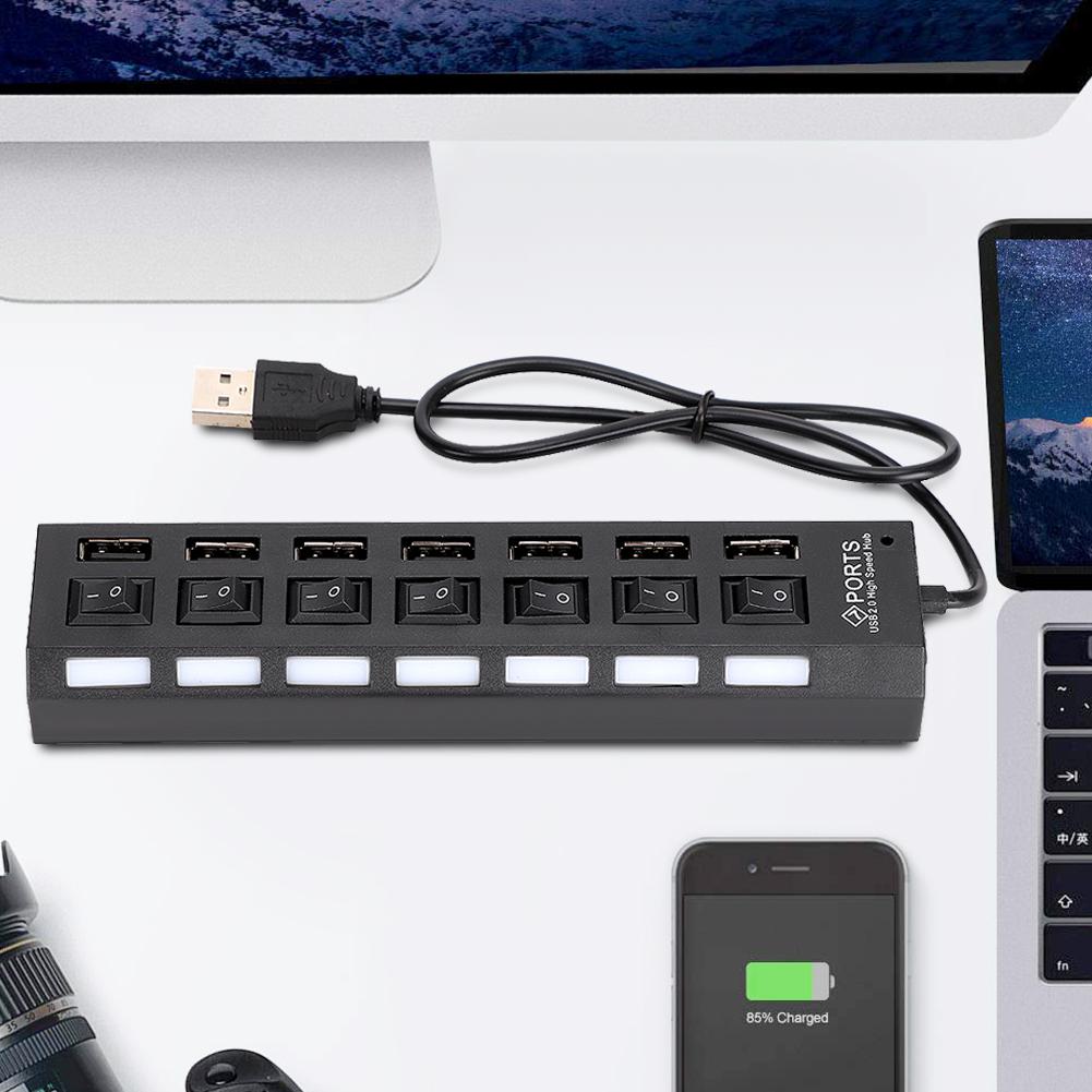 7-портовый USB-хаб Док-станция Черный 480 Мбит/с с переключателем для защиты от перегрузки по току 7 портов Черный