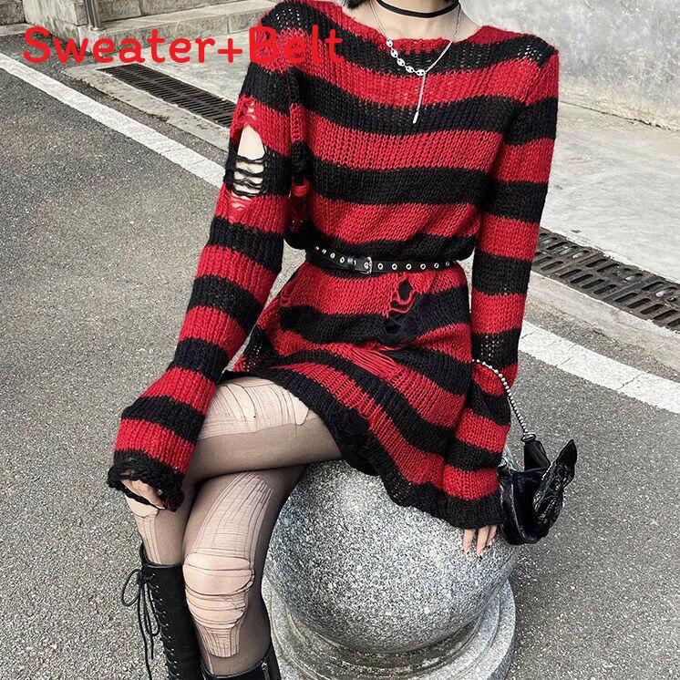 Dark Subculture Loose Stripe Gradient Knit Sweater With Rips For Unisex Punk Style Casual Wear