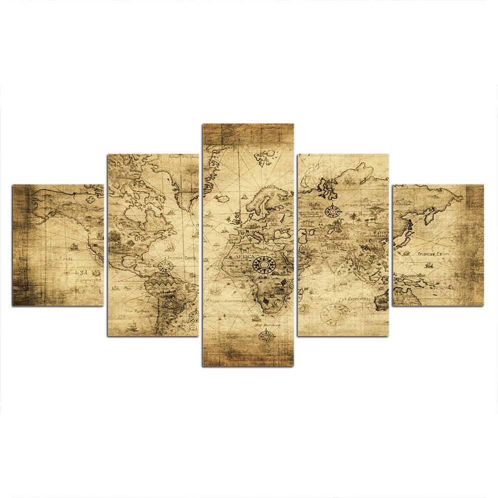 Modern HD Printed Wall Art Frame Canvas Pictures 5 Pieces World Map Painting Poster Home Decor For Living Room