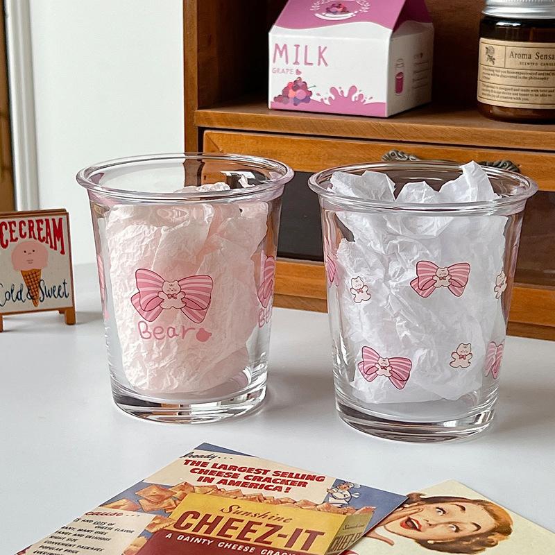 Милая стеклянная кружка с бантом для воды, мультяшная стеклянная кружка с бантом, полосатая милая кружка для кофе, бытовая кружка для фруктового чая, лимонада, подарок для девочек