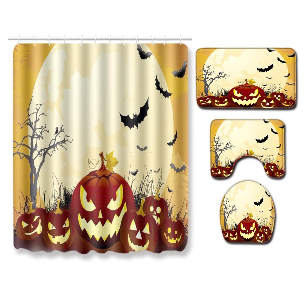 Halloween Shower Curtain Floor Mat Three-Piece Combination Set, Living Room Sand Absorbent Carpet, Bedroom Non-Slip Door Mat