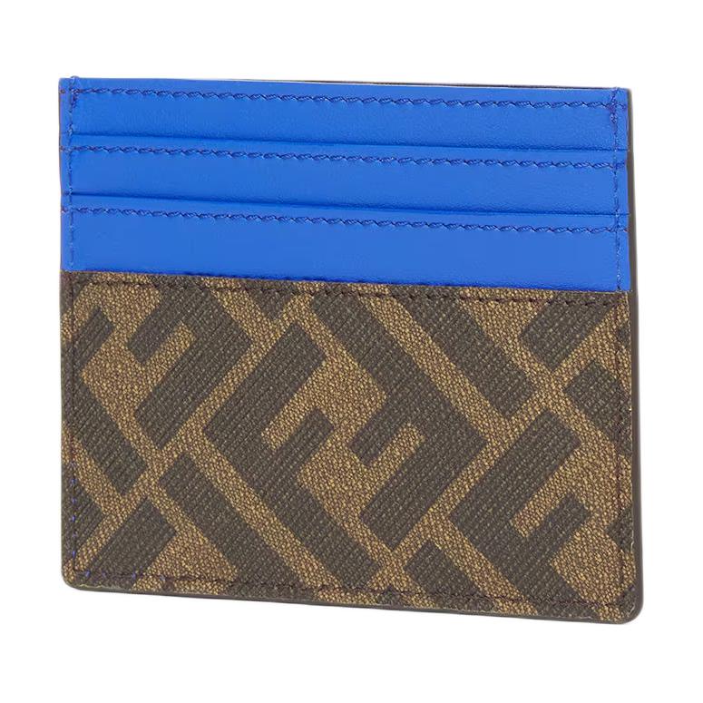 Fendi Diagonal Striped Texture Ff Pattern Calfskin Card Holder Men'S Blue And Brown