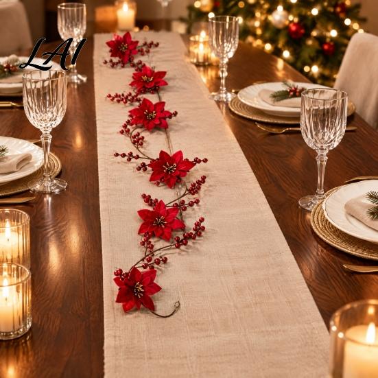 Artificial Red Berry Vine Christmas Poinsettia Garland 100cm for Flexible Decorative Rattan Front Door Wall Hanging Decoration Festive Holiday Home