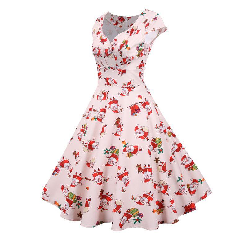 Весна Новый Новый Рождественский Стиль V-образный вырез Короткий рукав Принт Миди Длина Длинное Платье Платье Рождественское Платье