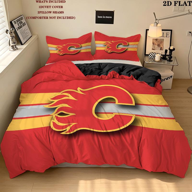 Calgary Flames Pattern Bedding Quilt Set Home Decoration Gift (1 * duvet cover + 2 * pillowcase without core)