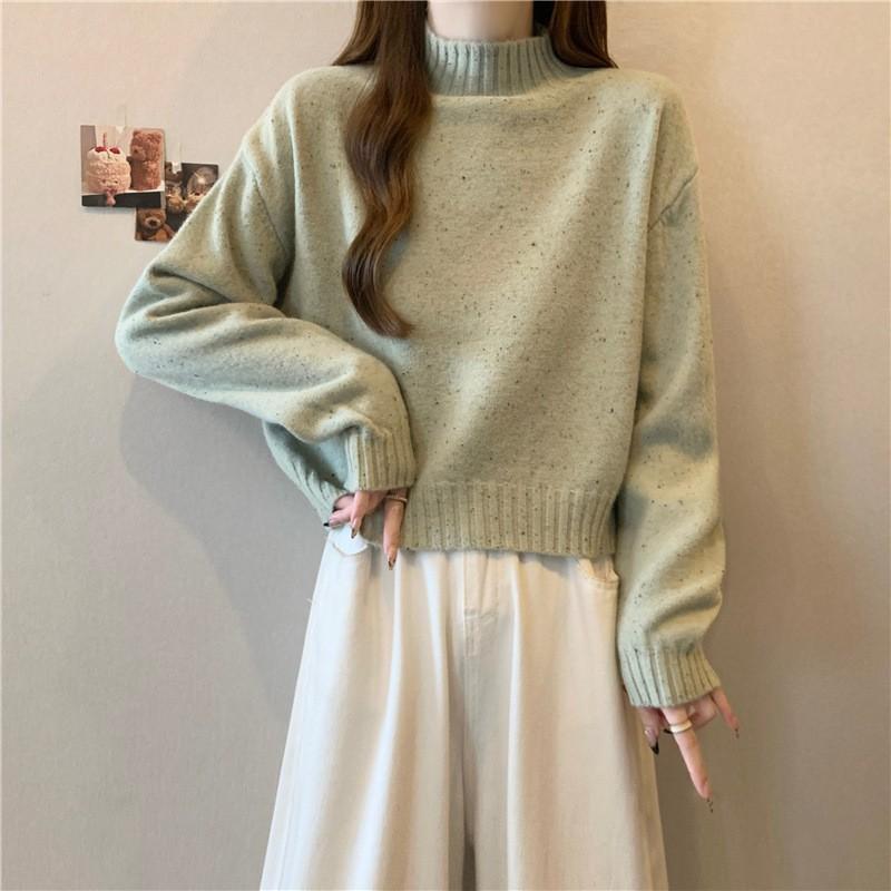 Womens Loose Fit Short Cropped Knit Sweater With Mock Neck Long Sleeve Fall Winter 2026 Casual Layering Top