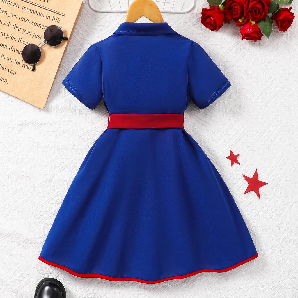 Модное платье для девочек с короткими рукавами и лацканами, цветное, с поясом, повседневное платье для детей на весну/лето