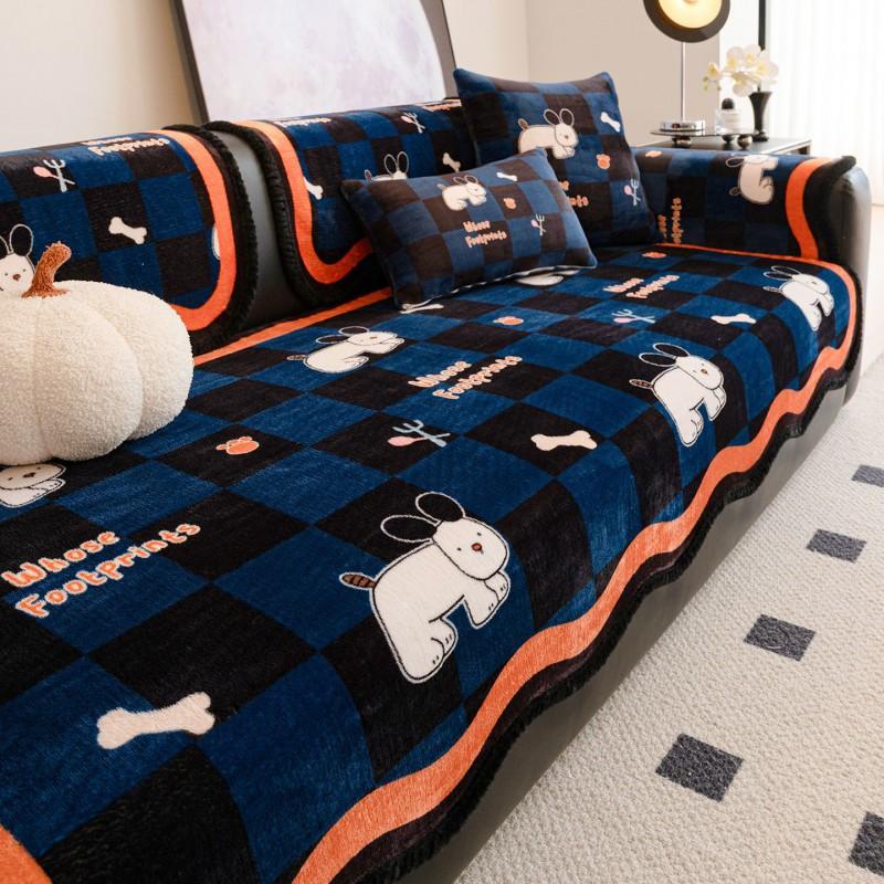Thick Flannel Sofa Cover Winter Cute Cartoon Anti-Scratch Non-Slip Couch Protector