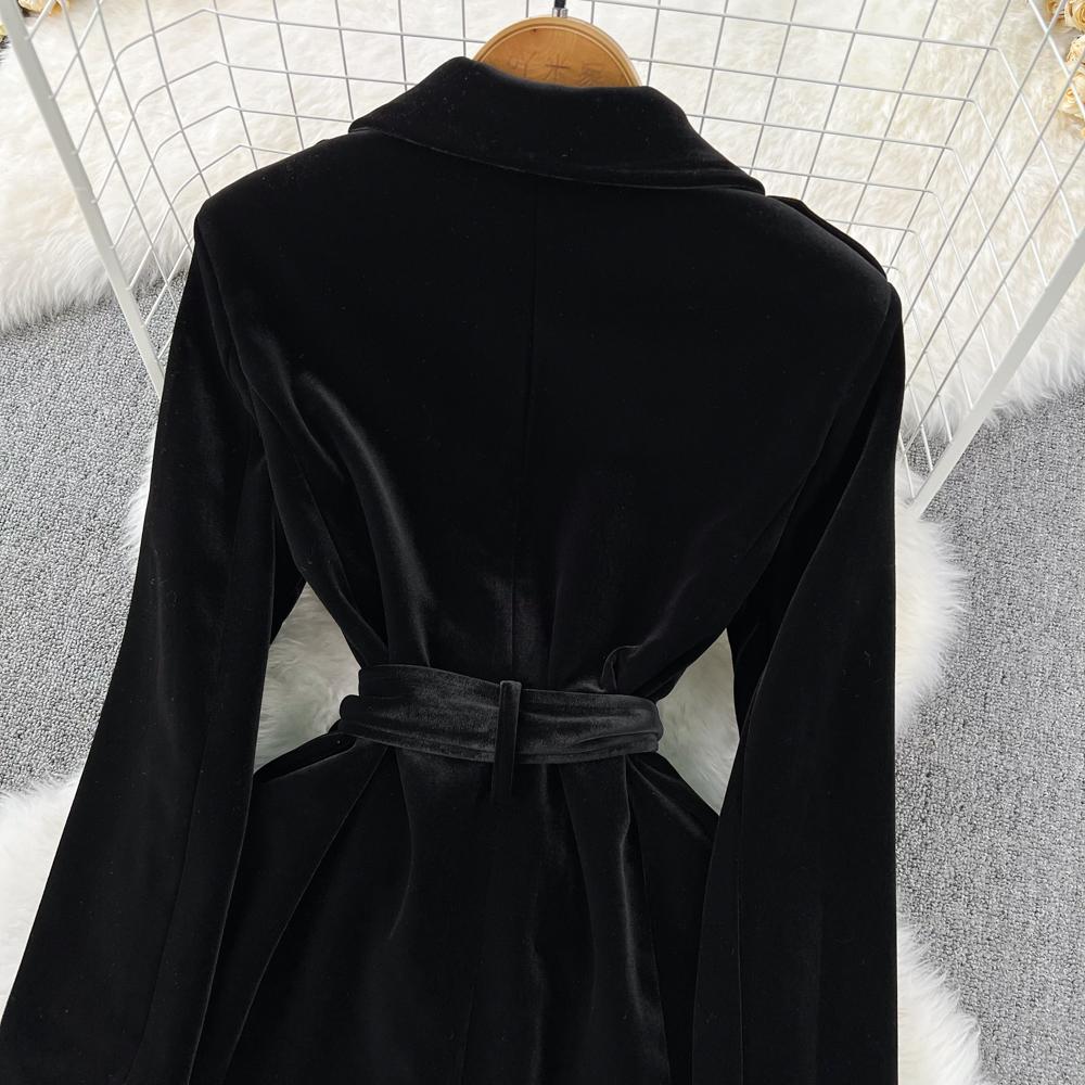 Осенне-зимний черный бархатный пиджак в стиле Хепберн, женский двубортный пиджак с надрезом, верхняя одежда