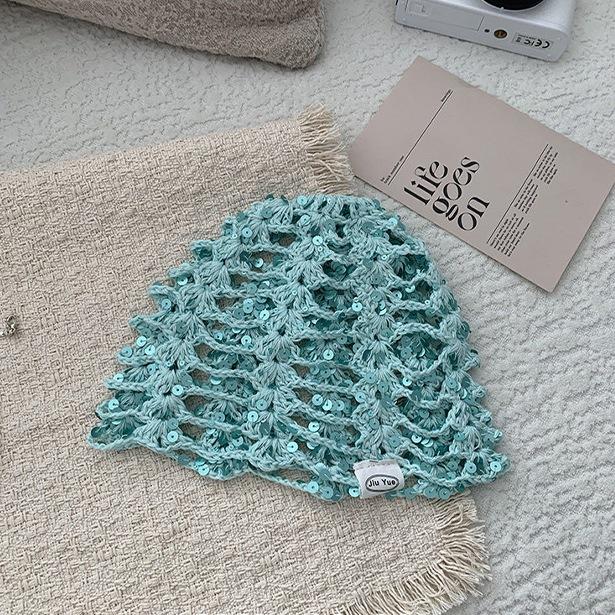Adult Hair Cap Hollow Bag Head Hat Solid Color Knitted Mesh Hat Fashion Sequin Concave Fishing Net Headscarf Hat