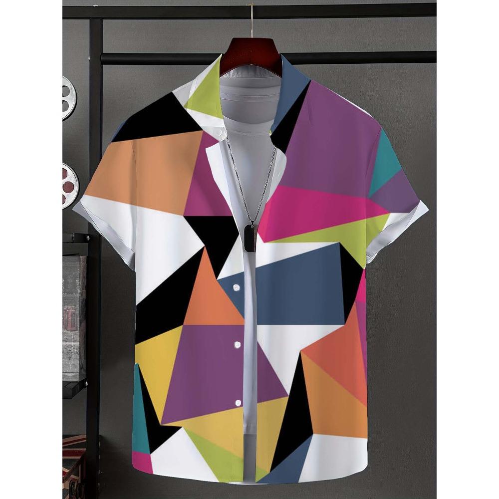 Мужская рубашка с новым полосатым узором в стиле пэчворк, застегивающаяся на пуговицы, модная и повседневная новая рубашка унисекс, рубашка с короткими рукавами и воротником-стойкой