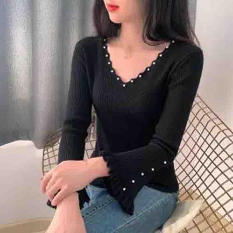 Трикотаж, женский свитер с v-образным вырезом и длинными рукавами, женская верхняя одежда, модный повседневный пуловер с бисером, нижняя рубашка