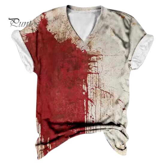 Женская футболка с V-образным вырезом и коротким рукавом, футболка с принтом крови на Хэллоуин, тонкая эластичная, для косплея, фестивалей, пуловеры, топы