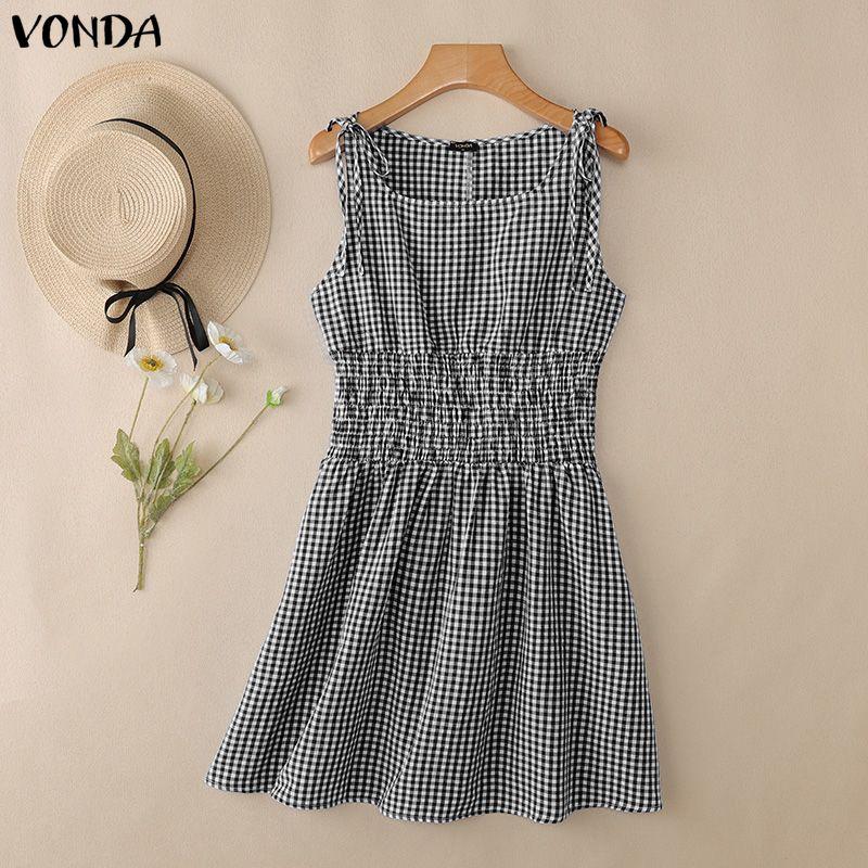 VONDA Women Sleeveless Elastic Waist Plaid Print Ruffled Casual Mini Tank Dress