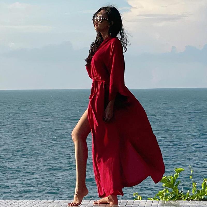 Sexy Short Sleeve Front Open Self Belted Long Kimono Dress Summer Clothes For Women Beach Wear Bathing Suit Cover Up Q1357