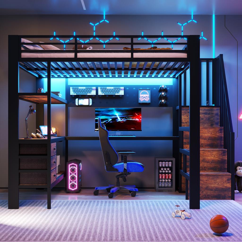 Loft Bed, 140x 200 cm, Metal Bed, Shelf Surface, Drawer, Pegboard, Desk, Power Outlet, LED Light, without Mattress, Black