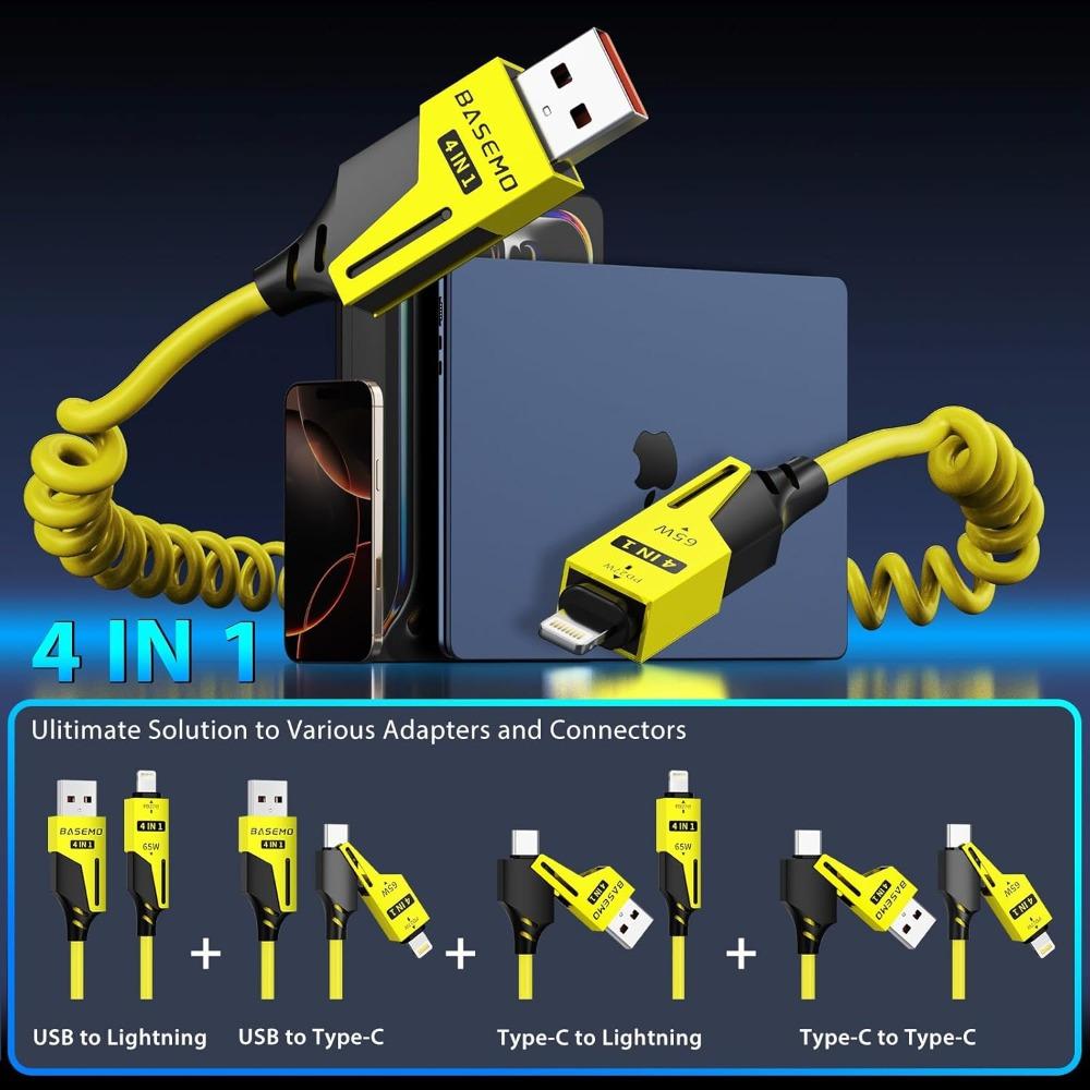 4 в 1 USB-C на Lightning/Type-C кабель для быстрой зарядки 65 Вт, компактный дизайн, может заряжать iPhone, iPad, Samsung и другие устройства