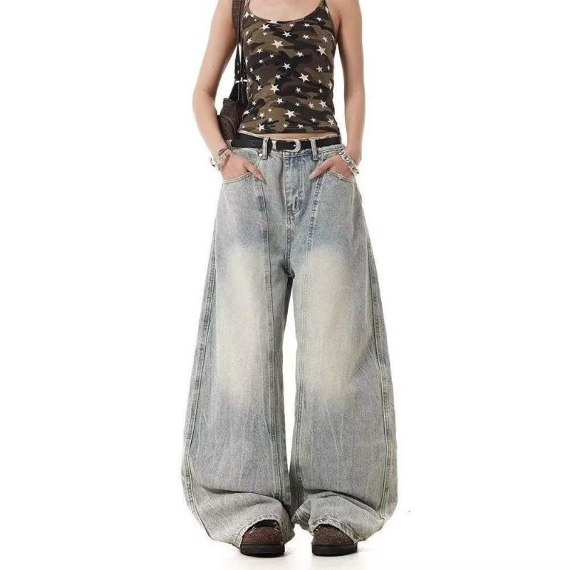 Retro Washed Deconstructed Denim Pants Unisex Wide Leg Relaxed Fit Straight Cut