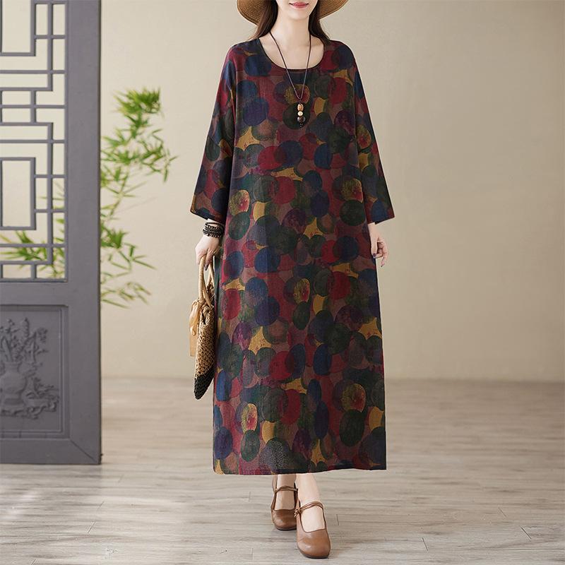 Весеннее цветное платье в стиле «отпуск», для путешествий в стиле ретро, свободное, повседневное, большого размера, с длинными рукавами, из хлопка и льна