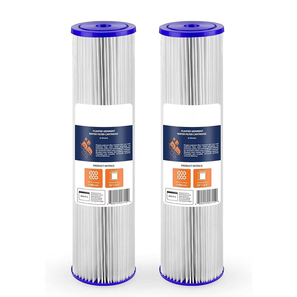 2Pcs Water Filter Cartridge for ECP5-20BB, SPC-45-2005 W5CPHD,CP5-BB, 20 Inch Pleated Water Sediment Filter Whole House 5 Micron