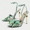 Fashion Green Butterfly Embellish Design Heeled Sandals Women Fashion Pointed Toe Ankle Buckle Brand Designer Shoe Sexy Party Dress Shoe
