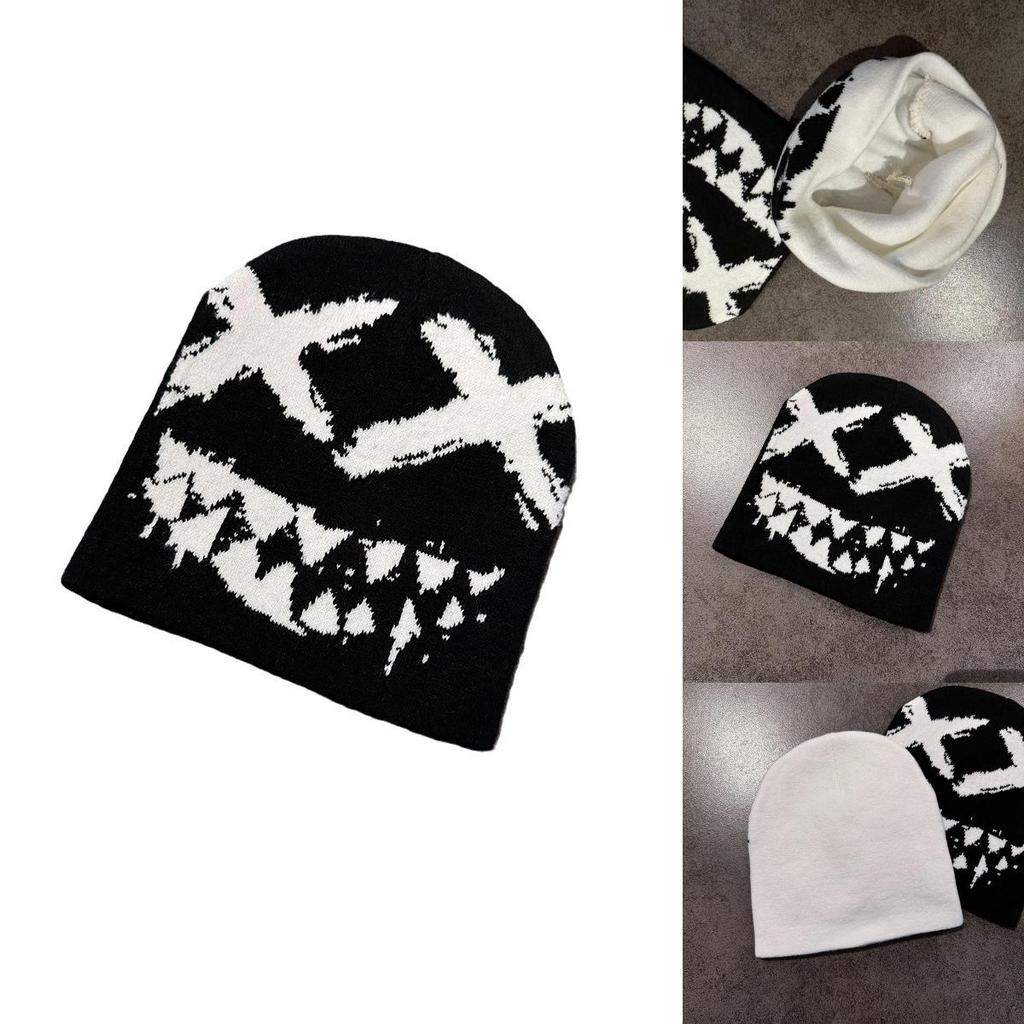Halloween Knit Beanie With Funny Ghost Teeth Pattern For Cosplay And Party Costumes