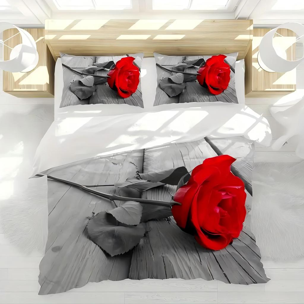 Red Rose Flower 3D Print Duvet Cover Luxury Romantic Theme Soft Bedding Cover Set Couple Valentine's Day Gifts Bedroom Decor