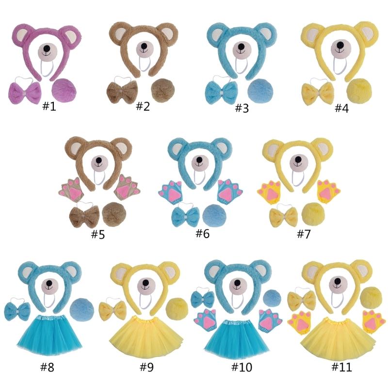 Bear Costume Set Ears Tail Bowtie Nose Tutu Glove Animal Fancy Costume Kit Accessories for Kids Halloween Cosplays Props