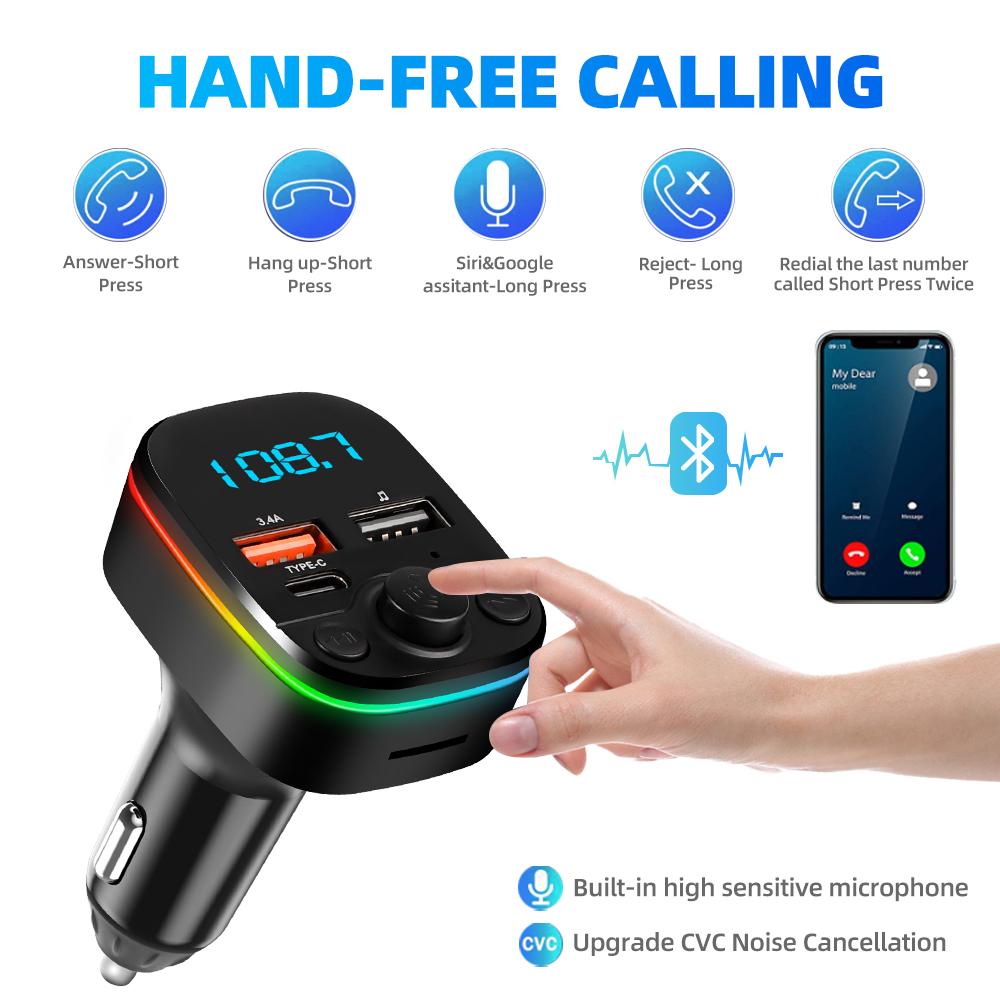 3in1 Car Bluetooth 5.0 FM Transmitter Mp3 Player 3.4A Dual Port USB +Type C PD Fast Charger With Remote Control Ambient Light Wireless Audio Receiver
