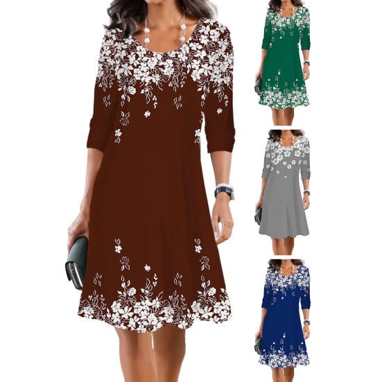 Женское весеннее платье трапециевидной формы с цветочным принтом, большие качели, с длинным рукавом, с круглым вырезом, повседневное, свободное, элегантное, контрастного цвета, женское повседневное платье миди