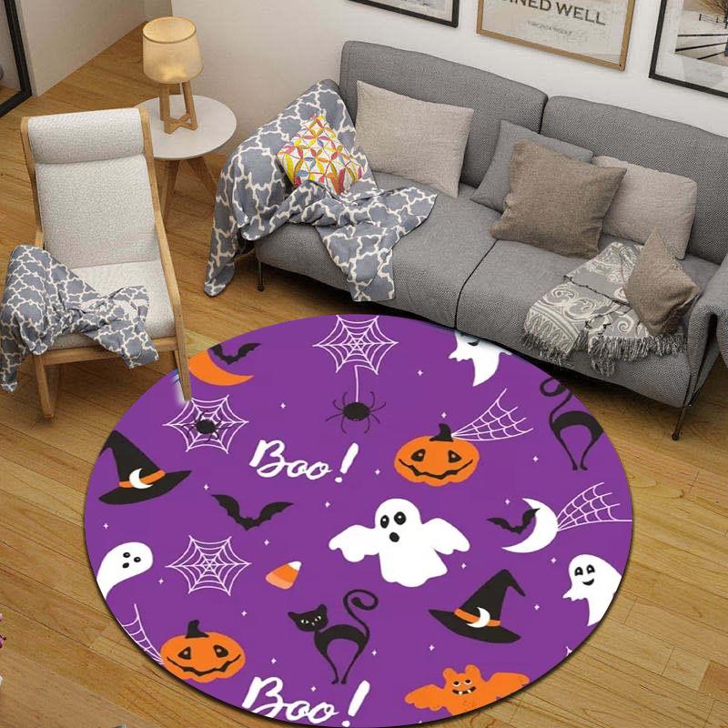 Round Rug Halloween Ghost Black Cat Witch Hat Purple Pattern Party Room Decor