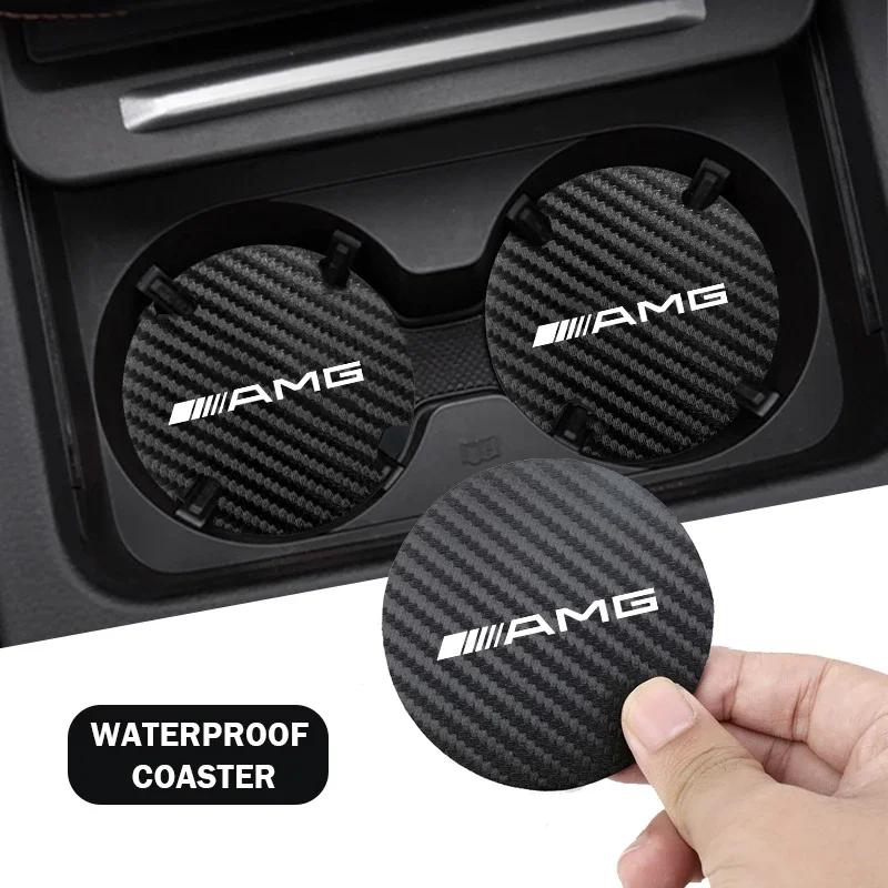 DDJ2 2Pcs Car Interior Leather Coaster Anti-noise Water Cup Pad For Mercedes Benz AMG W203 W206 W220 W205 W211 GLC W212 W201 GLE W210
