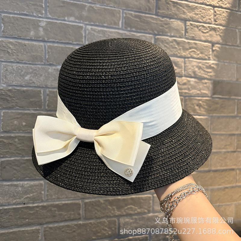 Summer woven double-layer bow webbing straw hat women's outdoor seaside sunshade sunscreen beach hat slimming sun hat