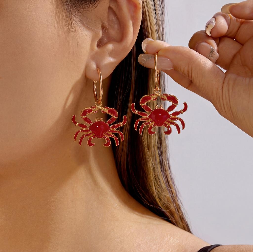 Summer Full Rhinestone Crab Earrings for Women Red Crystal Zircon Cute Sea Animal Drop Earring Beach Vacation Statement Zircon