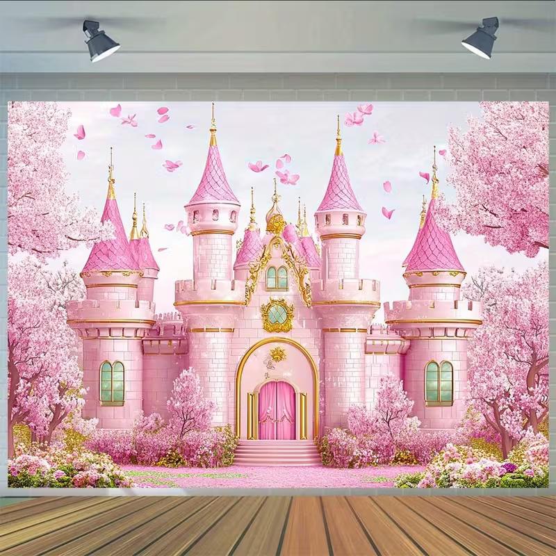 2D Розовый Замок с Цветением Сакуры Фотофон для Детской Вечеринки по Случаю Дня Рождения Студийный Декор Ткань
