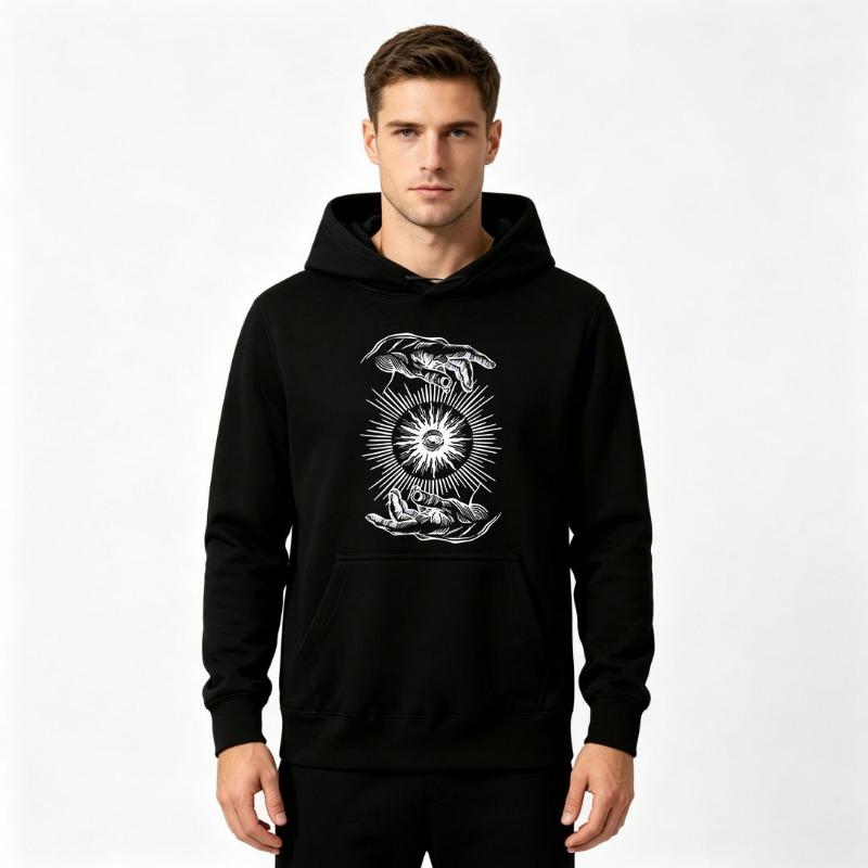 Men's Mystic All-Seeing Eye Radiant Creation Hands White Ink Print Hoodie Casual Long Sleeve Streetwear Pullover Hooded Sweatshirt for Autumn Winter