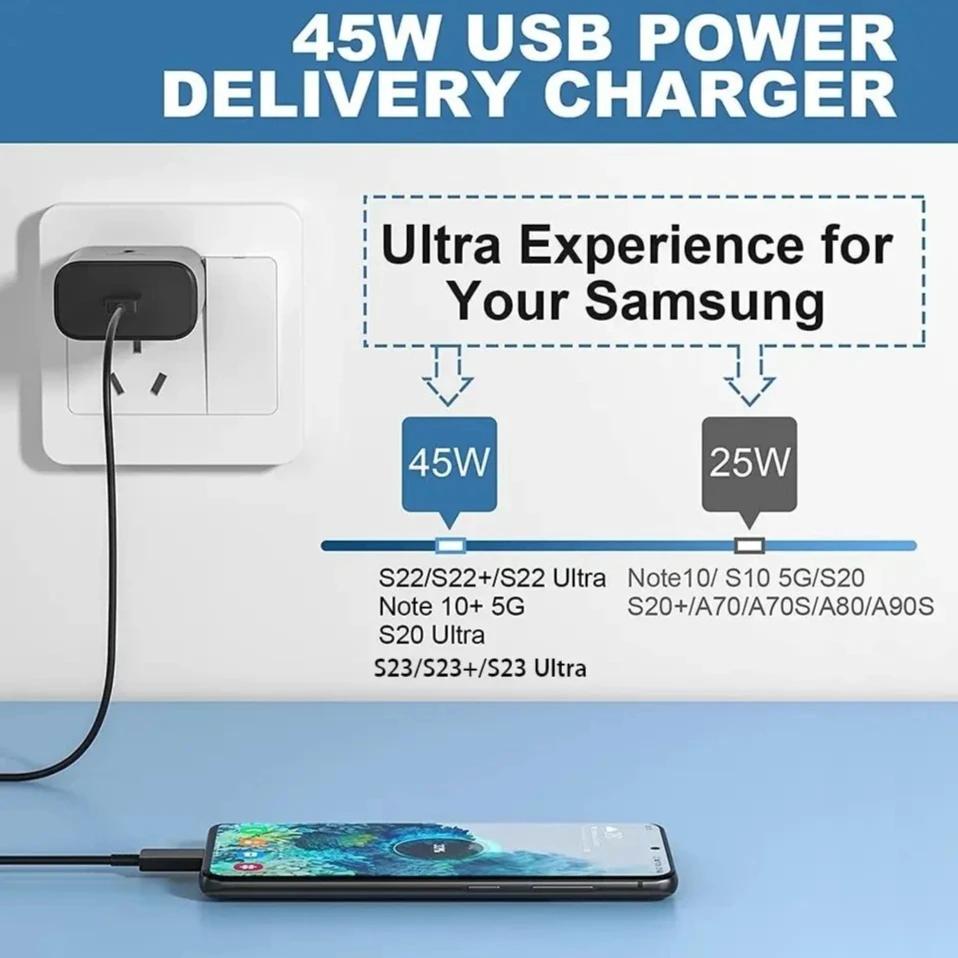 PD 45W 5A сверхбыстрое зарядное устройство для Samsung S21 S22 S23 S24 Plus Note20 Ultra A34 A53 A54 A55 A71 A73 USB-C кабель для быстрой зарядки 2 м