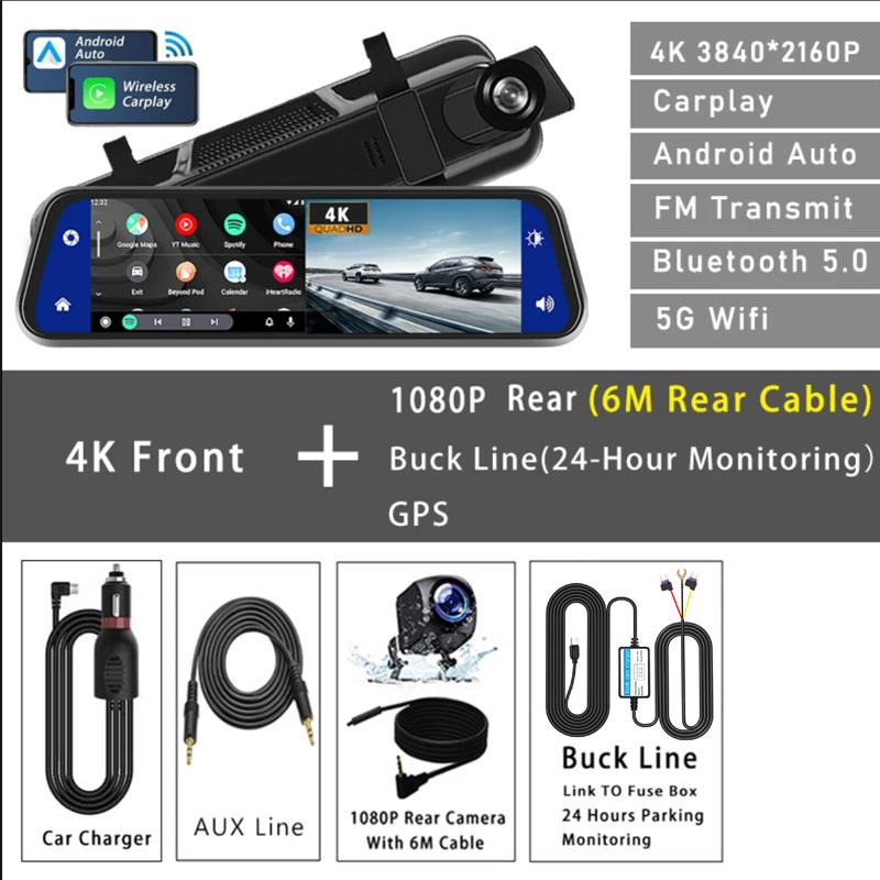 UHD 4K 3840*2160P Автомобильный видеорегистратор Carplay Android Auto GPS 5G WIFI AUX Видеорегистратор Потоковое зеркало заднего вида Видеорегистратор Камера Видеорегистратор FM