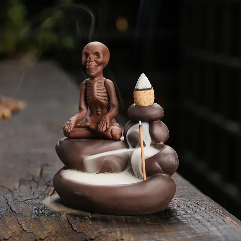 Halloween Ornament Skull Backflow Incense Burner Purple Clay Incense Stick Holder, Aromatherapy Home Decor Censer (No Incense)