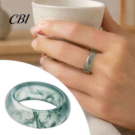 Hypoallergenic Finger Ring Faux Natural Moss Agate Ring, Fake Gemstone Statement Healing Nature Inspired Jewelry Stone for Men Women Band