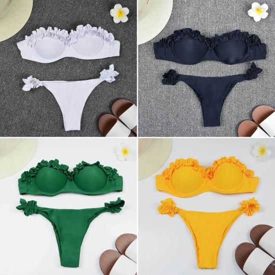2Pcs/Set Women Summer Bikini Set Bandeau Ruffle Trim Bra Mid Rise Briefs Set Push Up Bathing Suit Split Design Swimsuit