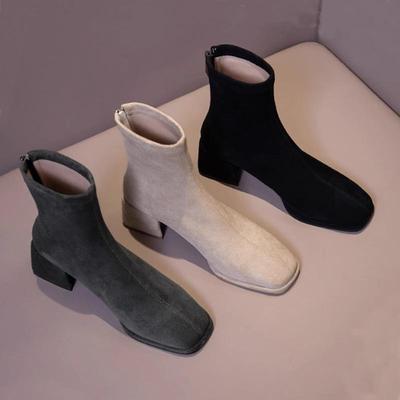 Толстый каблук квадратный носок короткие ботинки осень и зима новые средний каблук высокий каблук модные ботинки замша темперамент тонкие ботинки