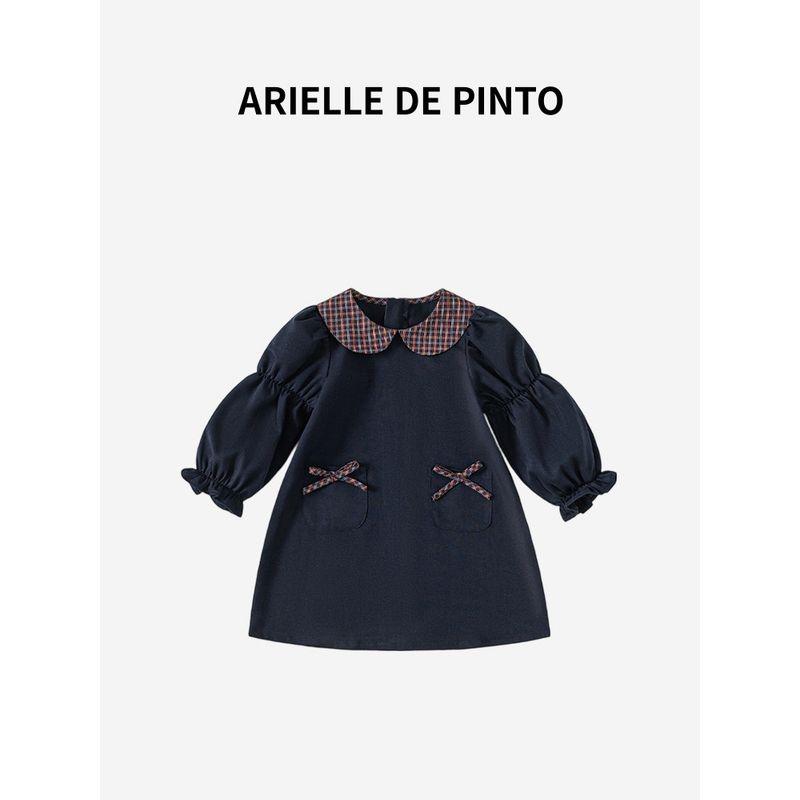 Французская детская юбка Arielle De Pinto Весна-Осень Однотонная с бантом и пышными рукавами Клетчатое платье