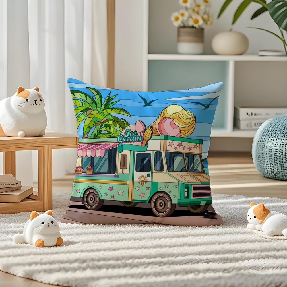 Happy Camper Cartoon House Pillow Case Silky elegant Comfort Sofa Bed Invisible zipper
