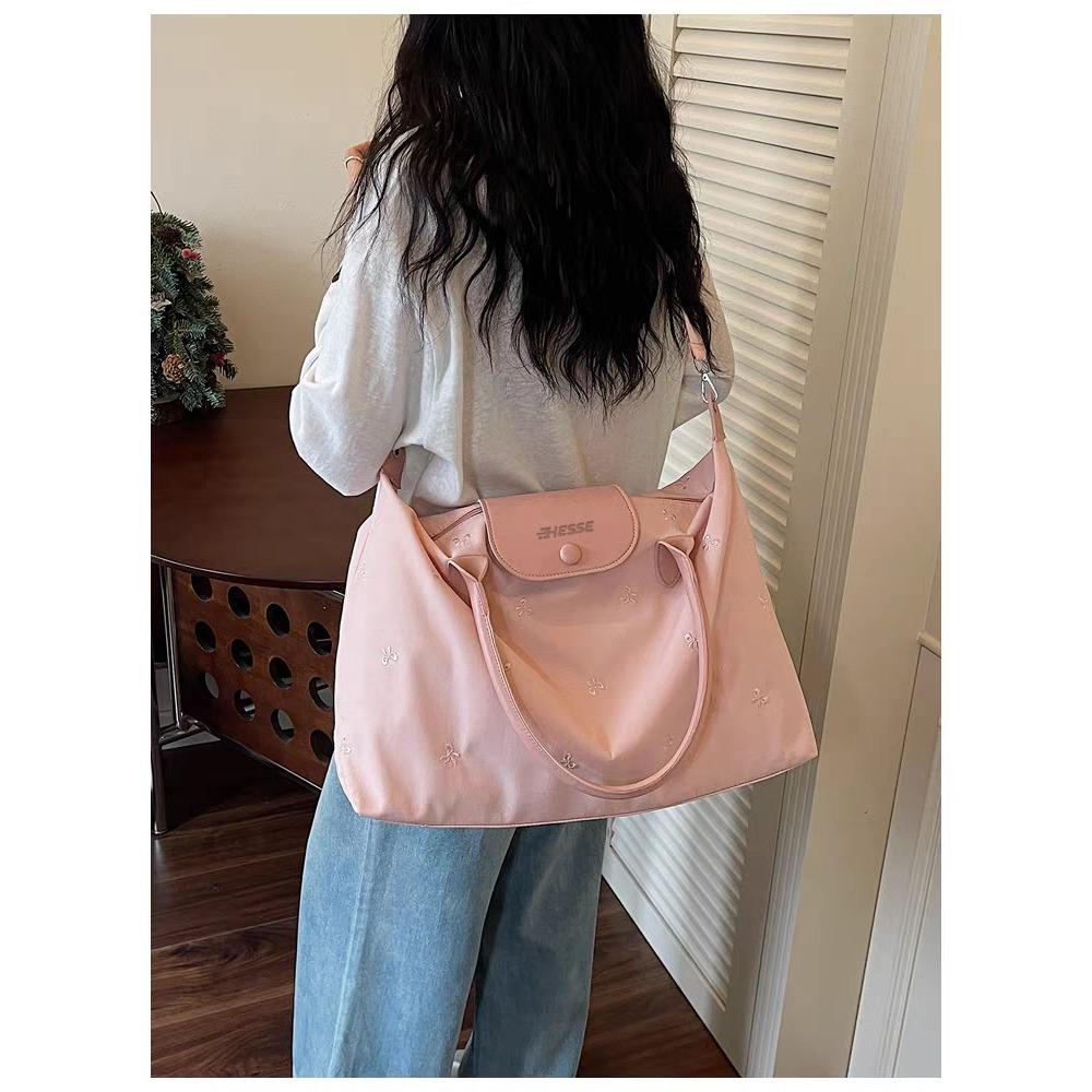 Women Large Capacity Travel Duffle Bag Embroidery Bow Handbag Shoulder Crossbody Bag for Gym Short Trip Storage
