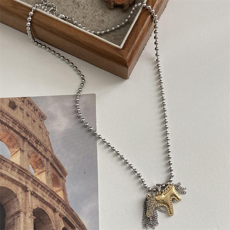 Titanium Steel Horse Pony Tassel Pendant Necklaces Women Mujer Adjusting Long Rope Sweater Chain Neck Accessories Gifts